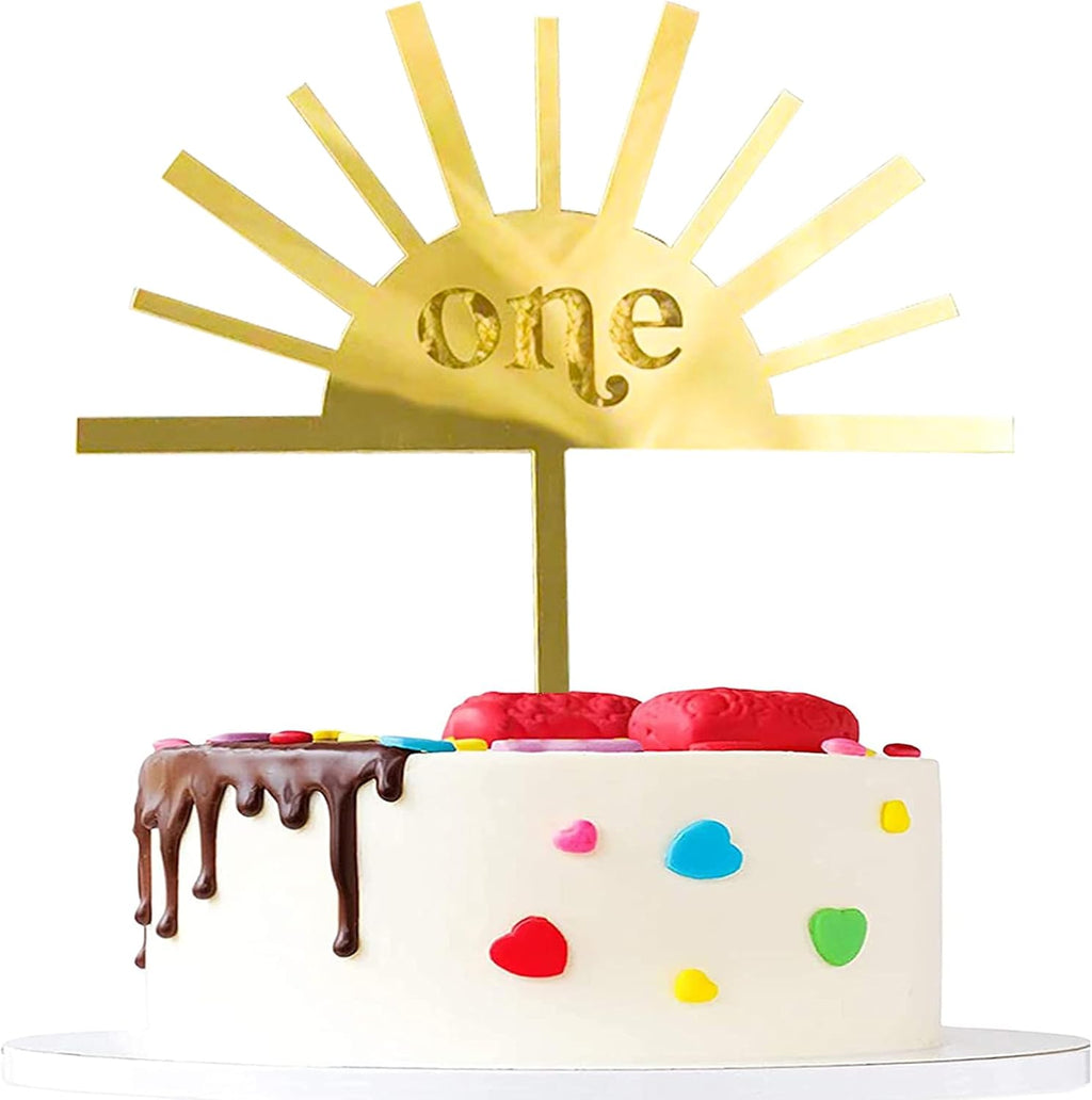 Sun One 1st Birthday Cake Topper - Gold Glitter Acrylic Cake Decor for Baby Showers, Gender Reveals & Photo Booth Props