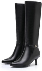 Knee High Boots for Women Black Fashion Pointed Toe Stiletto low-heel Boots Side Zipper Tall Boots