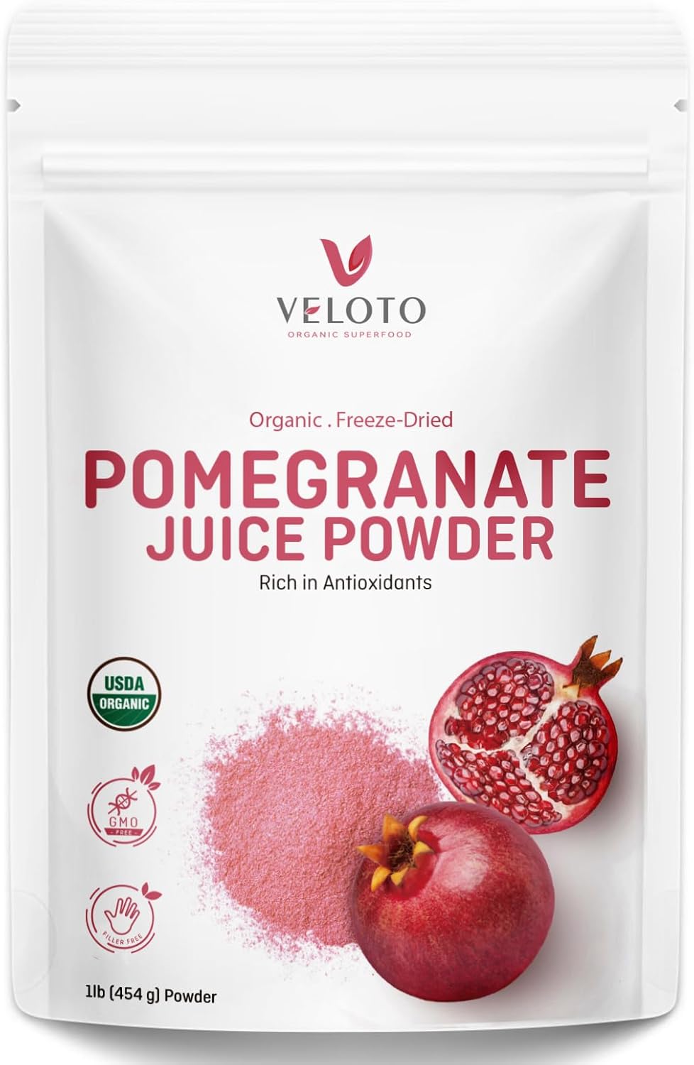 VELOTO Organic Pomegranate Juice Powder, Pure Pomegranate -Fruit Freeze Dried Powder, Natural Vitamin C Vegan Sweetener Superfoods for Smoothies, Yogurt & Shake, Gluten Free, Non GMO, 1 lb