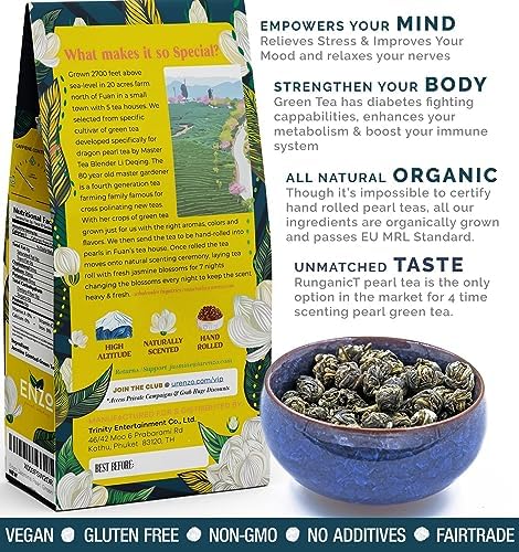 Organic Jasmine Green Tea Pearls - 4oz 113g - Dragon Pearl Tea by Enzo - Experience Soothing Scent of Jasmine Mellows Awaking Caffiene of Green Tea Pearl (Jasmine)