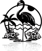 Flamingo Palm Tree Metal Wall Art, Rustic Wall Decor Indoor Pink Flamingo Sign Wall Plaque Artwork, Tropical Theme Bird Wall Decor for Bathroom Home Room Housewarming Gift Black