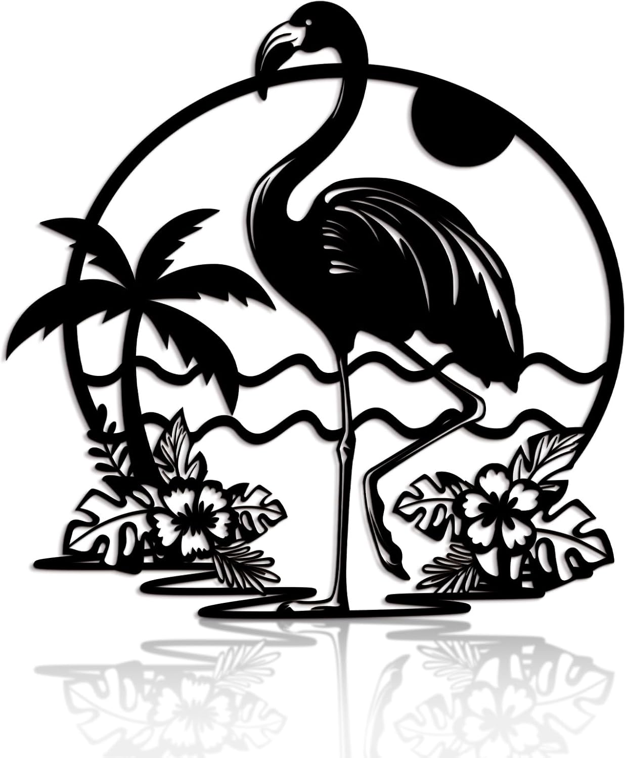Flamingo Palm Tree Metal Wall Art, Rustic Wall Decor Indoor Pink Flamingo Sign Wall Plaque Artwork, Tropical Theme Bird Wall Decor for Bathroom Home Room Housewarming Gift Black