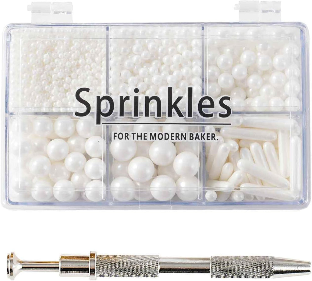 Kasvan White Mix Sugar Sprinkles - Edible Candy Pearls with 4-Claw Sprinkle Pen,118g/4.16 Oz, Gift Box Pack, Baking Cake Decorations, Ice Cream Toppings and Cookie Decorating, Wedding Party Chirstmas Supplies