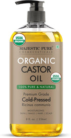 Majestic Pure Oil - 100% Pure and Natural- Cold Pressed & Hexane Free Natural Hair Growth Oil for Eyelashes, Eyebrows, Skin, Body, Face, Nails & Scalp - USDA Organic Castor Oil 8 Fl Oz
