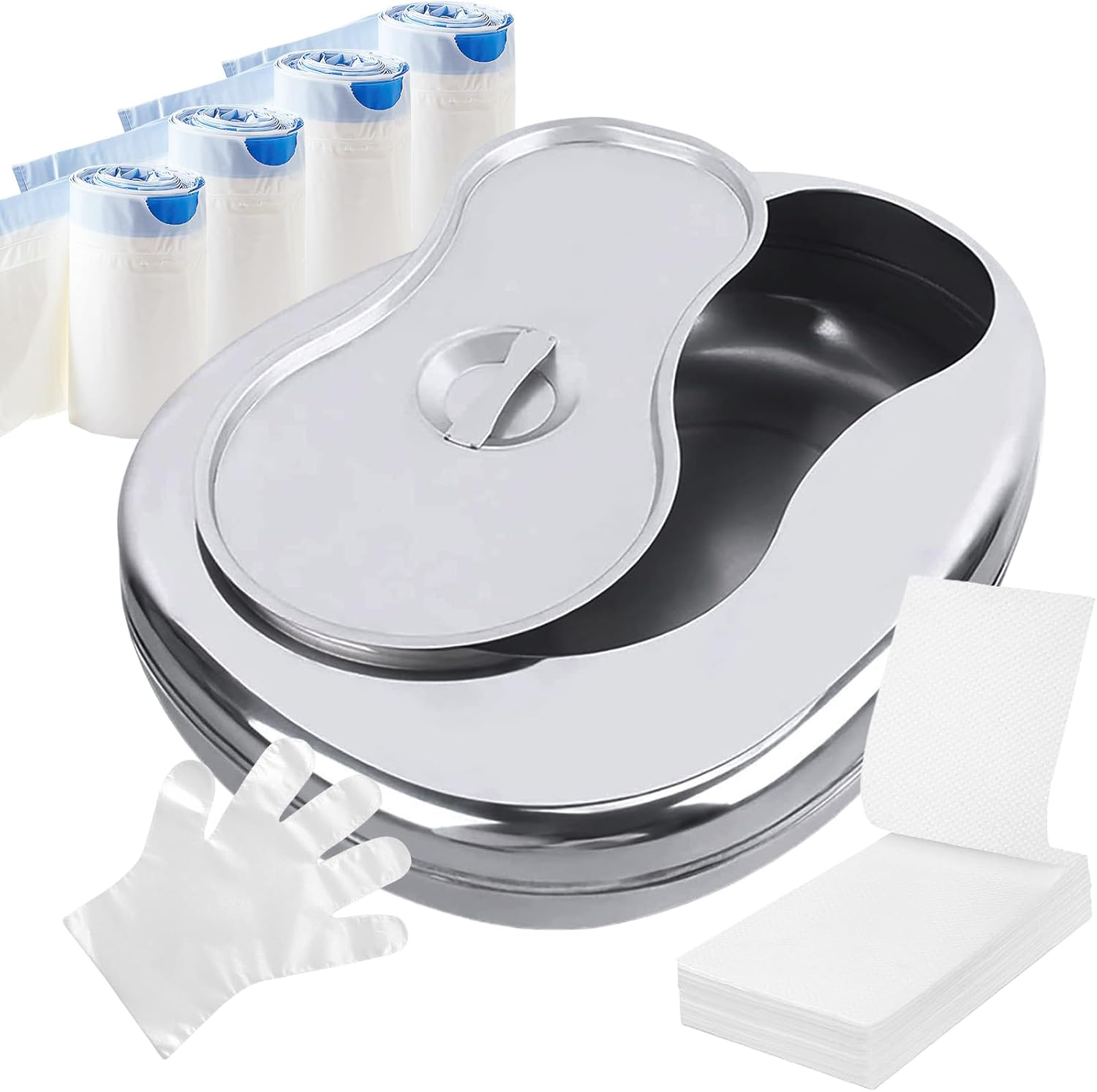 Stainless Steel Bed Pan Set with 60 Bedpan Liners Disposable and Absorbent Pad, Bed Pans for Elderly Females Spill Proof Bedpans for Elderly Women Men Comfortable Heavy Duty Bedpans with Lid