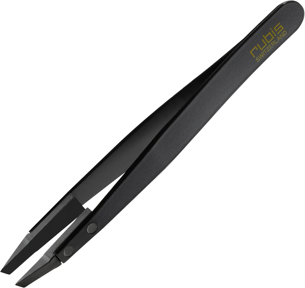Rubis Classic Techno Stainless Steel Tweezers for Precise Eyebrows and Hair Removal Slanted Polymer Tips, 1KS104, Black,Rubis Switzerland Swiss Made World Renowned Precision