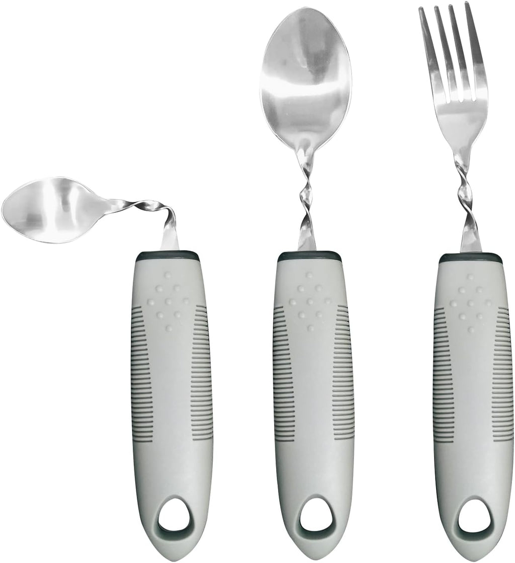 Adaptive Utensils for Elderly, Hand Tremors, Parkinsons & Handicapped | 3 Pack | Non-Slip Easy Grip Handles Right Handed Curved Spoon and Fork Set | Lightweight | Stainless Steel | Eat Independently