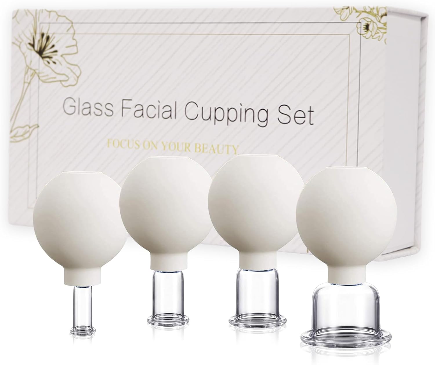 4PCS Glass Facial Cupping Set, Anti Aging Face Cupping Cups for Face & Neck Lift, Glowing Skin - Rejuvenation, Lymphatic Drainage, Facial Vacuum Suction Cups (White)