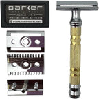 Parker, "The Convertible", Double Edge Safety Razor – Interchangeable Open & Closed Comb Plates, Solid Brass/Chrome 93 g Handle, Customizable Shave from Mild to Aggressive