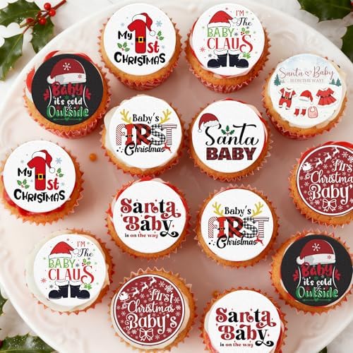 36PCS Edible My 1st Christmas Cupcake Toppers Wafer Paper Santa Baby Cupcake Toppers Christmas Cake Picks for Xmas Theme Party Baby Shower Birthday Supplies