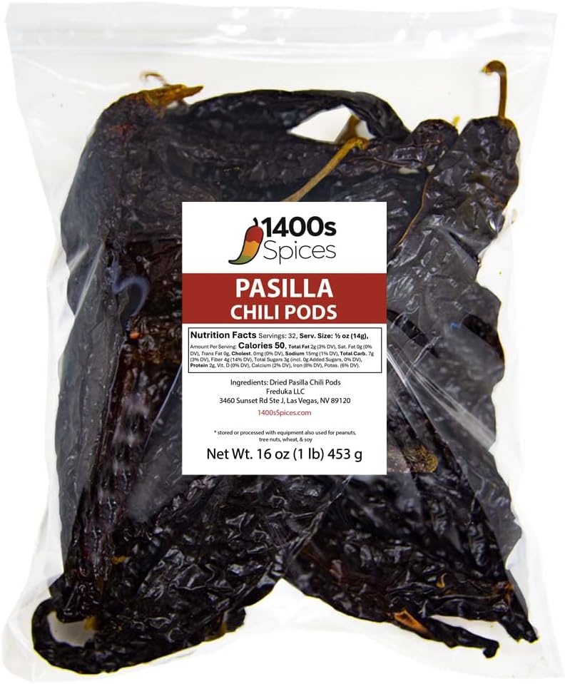 1lb Pasilla Negro Chilaca Dried Whole Chile Seco Peppers Food Service Size, Chili Pods for Authentic Mexican Food, Heat-Sealed Resealable Bag by 1400s Spices