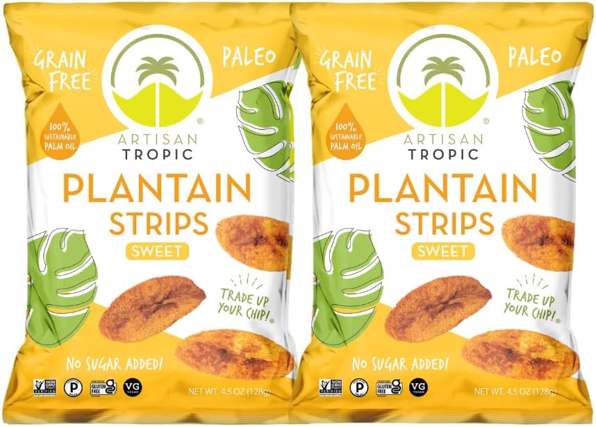 ARTISAN TROPIC Plantain Strips - Vegan, Paleo, Gluten Free Chips – Whole 30 Approved Foods Non-GMO Healthy Snack for Lunches, Dipping, Parties - Baked Banana Chips – Naturally Sweet (4.5 Oz - 2 Pack)