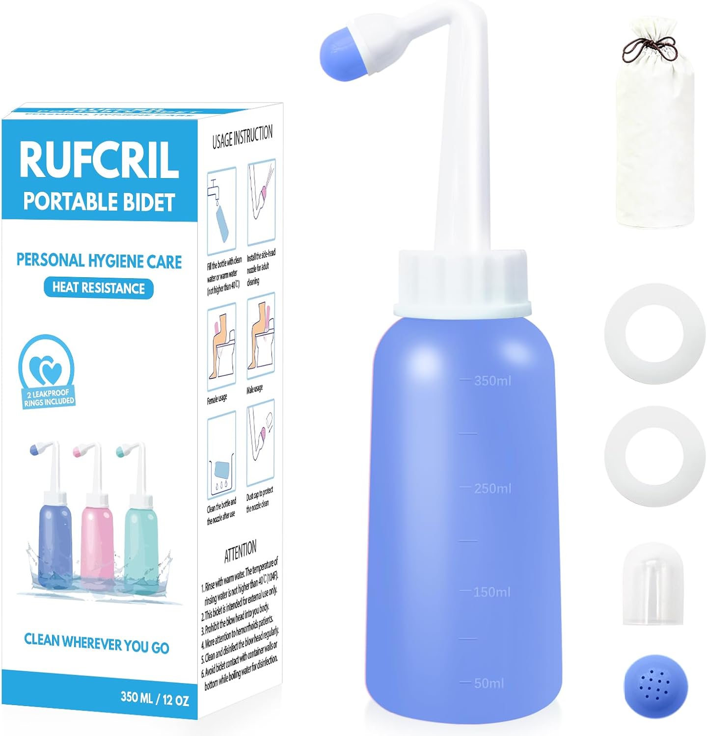 RUFCRIL Mini Peri Bottle, 350ml Portable Travel Bidet with Extra Ring and Carry Bag, TPE Material for High Temperature Resistance, Essentials for Postpartum Perineal Care,Hemorrhoid Treatment, Blue