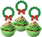 24Pcs Christmas Wreath Cupcake Toppers Glitter Red Green Christmas Garland Cupcake Picks for New Year Baby Shower Birthday Party Decoration