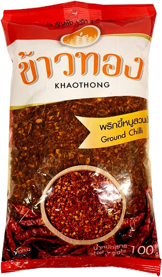 Khaothong Thai Ground Chili Pepper, Crushed Thai chili peppers, Ground red chili, Hot chili flakes, 100g (3.52 oz) Dried crushed chili seasonings