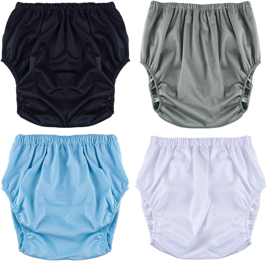4 Pack Adult Diaper Cover, Washable Pull on Incontinence Pants Plastic Diapers Reusable Waterproof Underwear