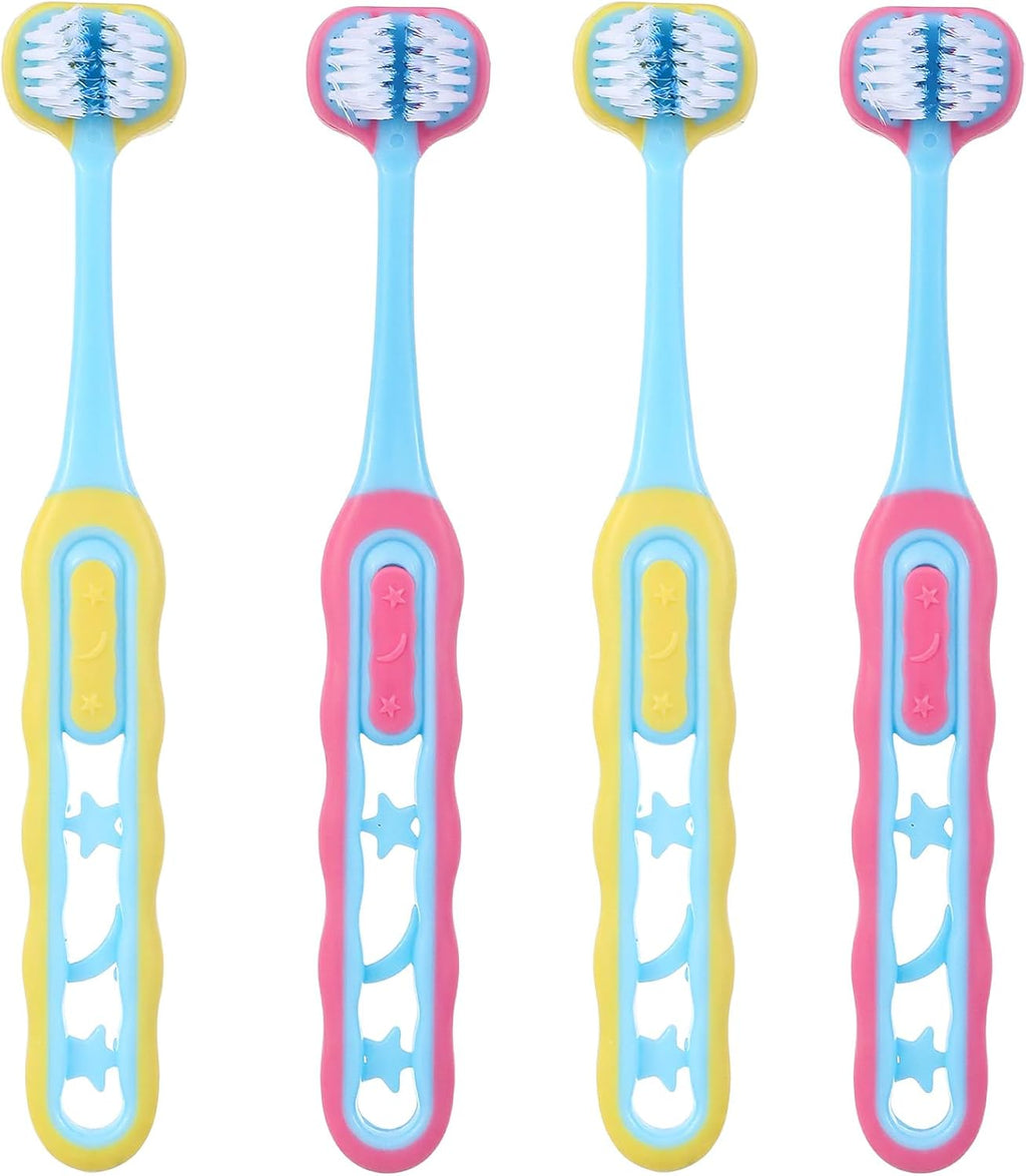 4 Pack 3 Sided Toothbrush, Soft Bristles 3 Sided Toothbrush Kids, Triple-Sided Design for Ages 1-12, Easy Grip Handle & Complete Care