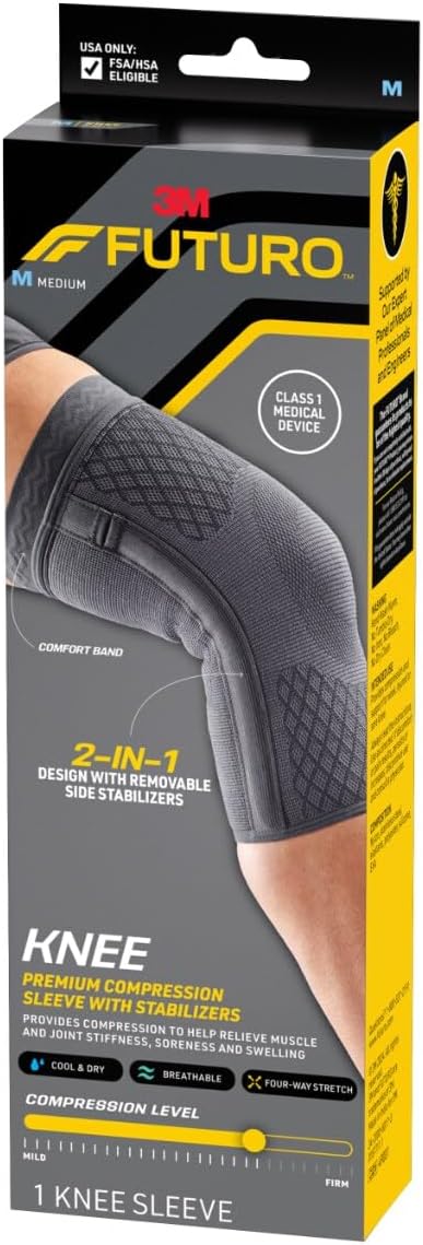 Futuro Premium Compression Knee Sleeve with Stabilizers, Removable Stabilizers, Advanced Customizable Compression Sleeve, for Mild Arthritis, Swelling, Soreness, Sprains, and Strains, Medium