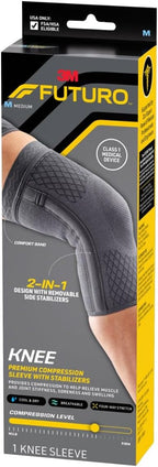 Futuro Premium Compression Knee Sleeve with Stabilizers, Removable Stabilizers, Advanced Customizable Compression Sleeve, for Mild Arthritis, Swelling, Soreness, Sprains, and Strains, Medium