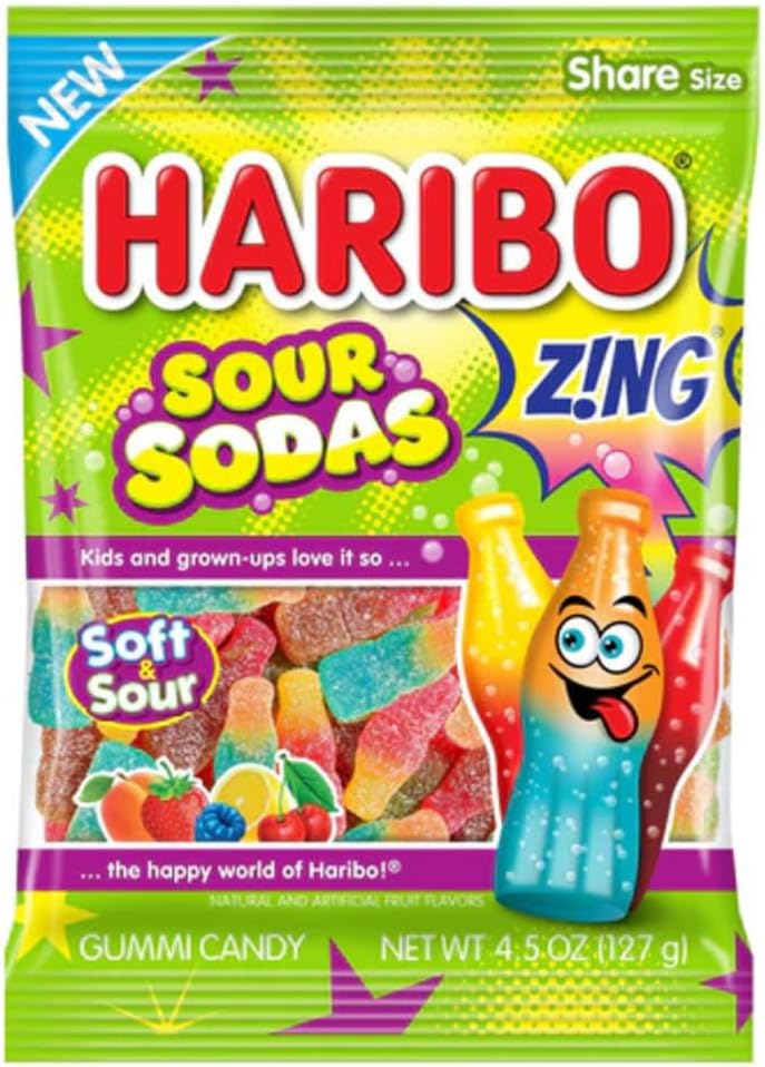 HARIBO Sour Sodas Gummy Candy, Assorted Soda Flavors, 4.5 oz Bags (Pack of 12)