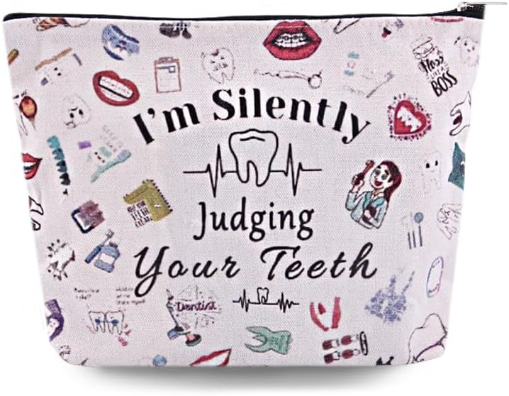 yaozeio Dental Hygienist Gifts for Women Makeup Cosmetic Bag for Women Girls Dentist Assistant Bags Dental Hygiene Student Gifts Zipper Make Up Pouches I'm Silently Judging Your Teeth Bag