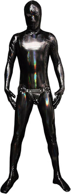 Men's Wetlook Stretchy Zipper Crotch Bodysuit Full Body Catsuit Attached Hood and Gloves
