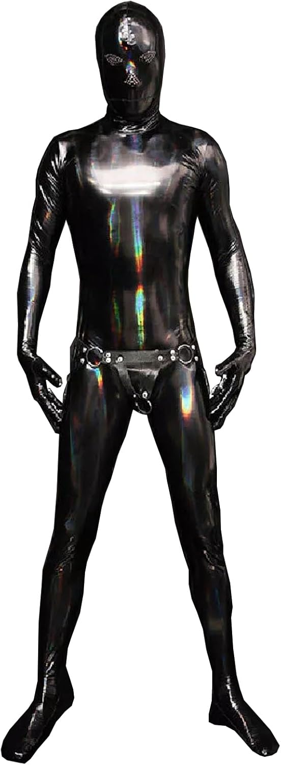 Men's Wetlook Stretchy Zipper Crotch Bodysuit Full Body Catsuit Attached Hood and Gloves