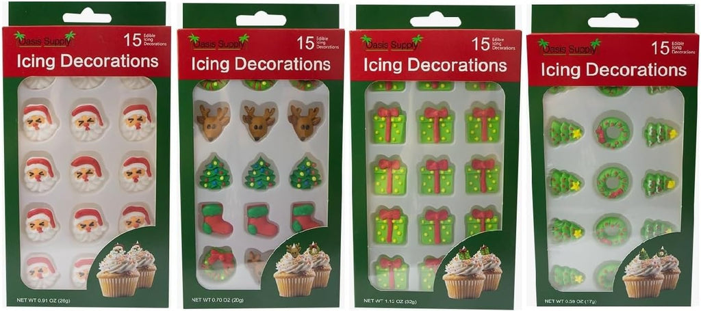 Christmas Edible Cake Decorations - Candy or Cupcake Topper - Santa Face, Trees, Wreaths, Reindeer, Xmas Boots, & Christmas Presents, 60 Pieces Total