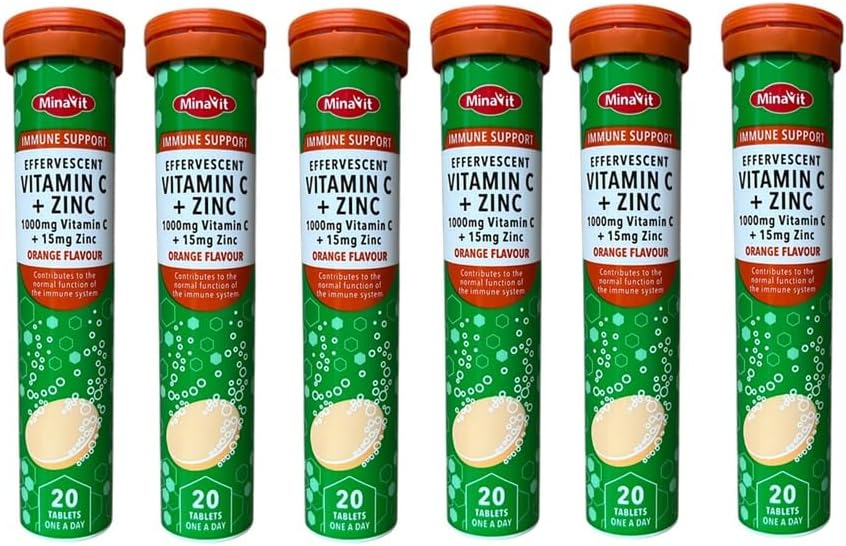 Vitamin C 1000mg + Zinc 100 Effervescent Tablets Orange (Pack of 6 Total 120 Tablets)