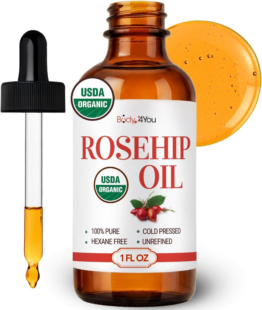 BodyJ4You Rosehip Oil for Face - 100% Pure Natural USDA Organic Cold Pressed - Hydrating Skin Hair Nails Anti-Aging Wrinkle Scar Treatment Gua Sha - Non-GMO Undiluted Carrier - Glass Bottle 1 Fl Oz