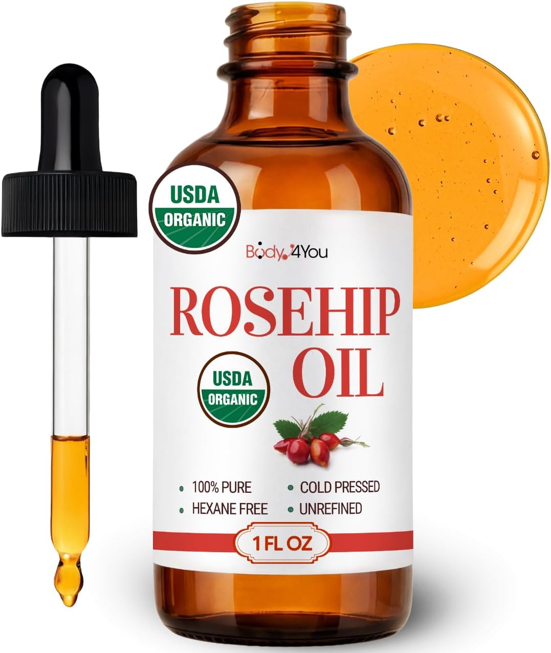 BodyJ4You Rosehip Oil for Face - 100% Pure Natural USDA Organic Cold Pressed - Hydrating Skin Hair Nails Anti-Aging Wrinkle Scar Treatment Gua Sha - Non-GMO Undiluted Carrier - Glass Bottle 1 Fl Oz