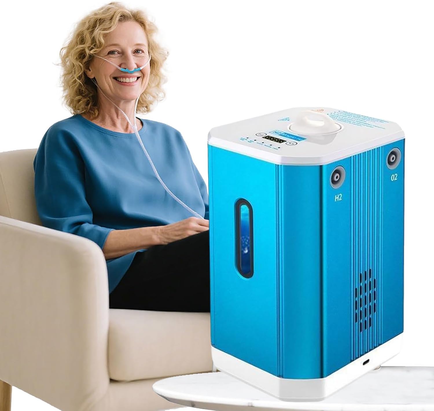 Hydrogen Inhalation Therapy Machine, Brown's Gas Inhaler, 99.99% High Purity H2 Water Ionizer, Dual-Port Inhaler, for Home, Clinics Blue 225ml/min