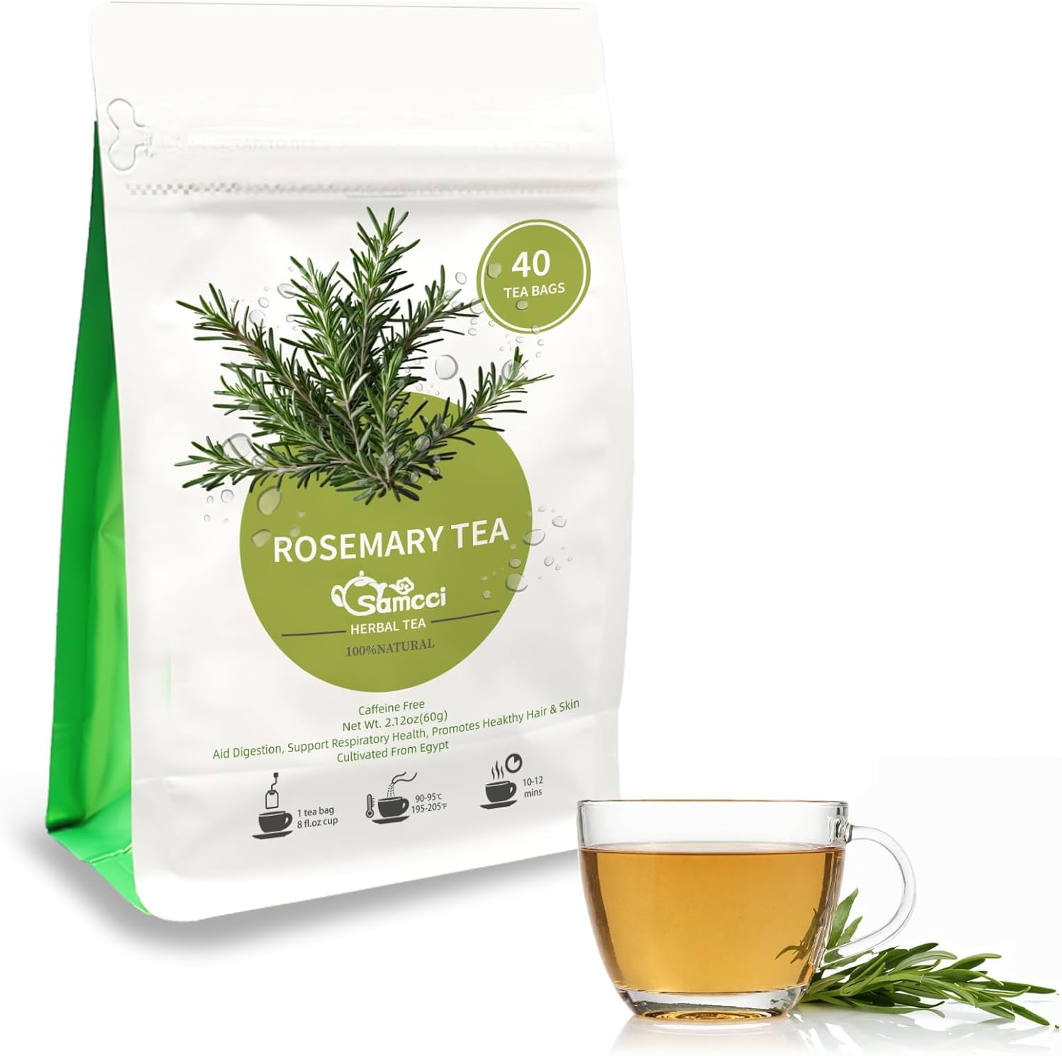 Samcci - Rosemary Tea, 40 Teabags, 1.5g/bag - Pure Dried Rosemary Leaves Tea Bags- Cultivated From Egypt - Non-GMO - Caffeine-free - Support Respiratory Health & Support Hair Growth