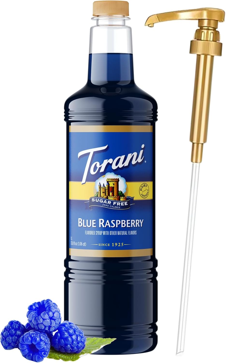 Torani Sugar Free Blue Raspberry Syrup 1 Liter Bottle with Pump Keto Friendly, Zero Calorie, Low Carb, Diabetic Safe Flavoring for Coffee, Shakes, Snow Cones, and Cocktails