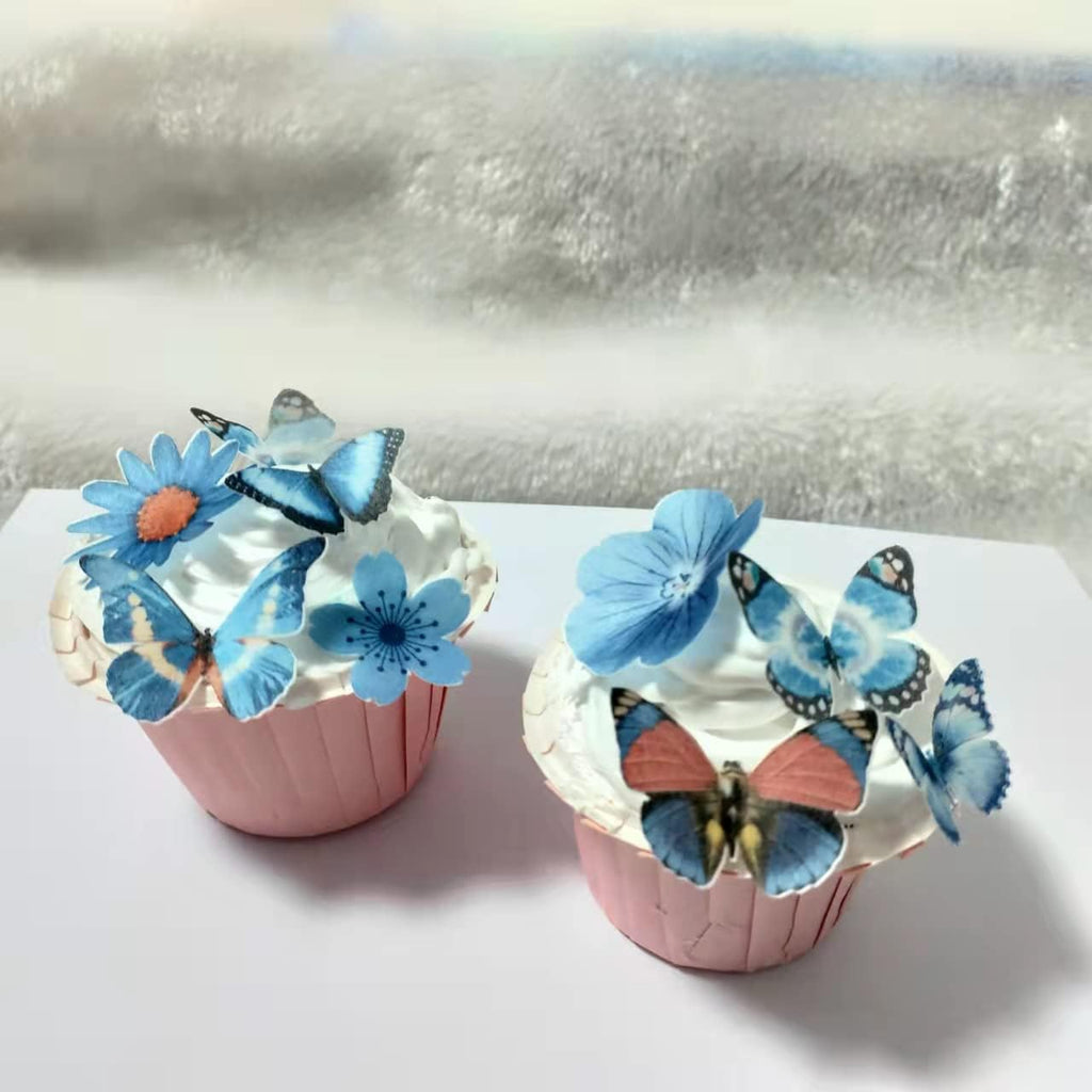 Edible wafer butterfly & flower mixed set 33 pieces of blue cake decorations, cupcake topping 258