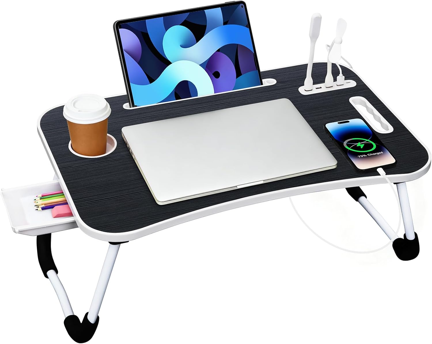 Portable Bed Desk, Foldable Laptop Desk with 4 USB Charge Port/Cup Holder/Tablet Slot/Storage Drawer, Folding Lap Table for Working, Writing, Drawing and Eating (Black)