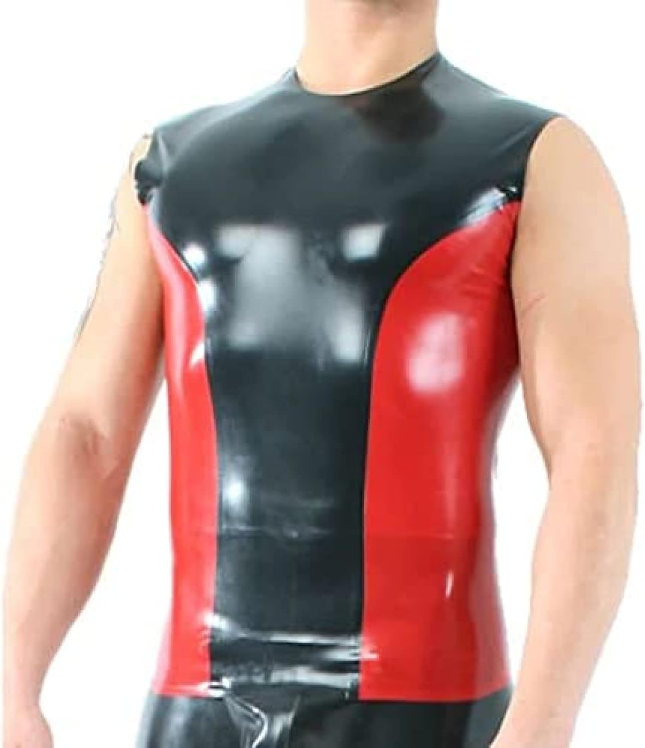 Two Sided Embellishments, Sexy Latex Vest Shirts with Round Collar, Rubber Clothing, Top,White with Black,XS
