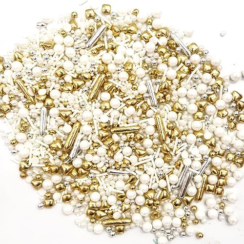 Weraru White Deluxe Gold Sprinkles Candy Mixing Size Baking Edible Cake Decorations Cupcake Toppers Cookie Decorating Celebrations Wedding Shower Party Chirstmas Supplies 130g/ 4.58oz