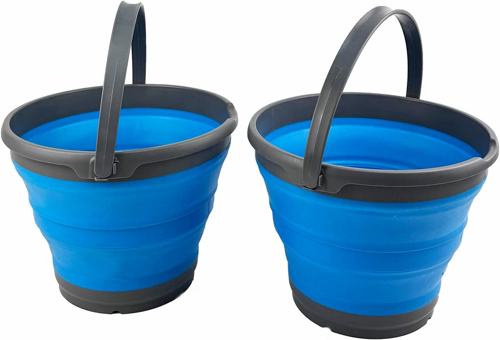 SAMMART 10L (2.6 Gallon) Collapsible Plastic Bucket - Foldable Round Tub - Portable Fishing Water Pail - Space Saving Outdoor Waterpot, Size 33cm Dia (Grey/Cerulean (Set of 2))