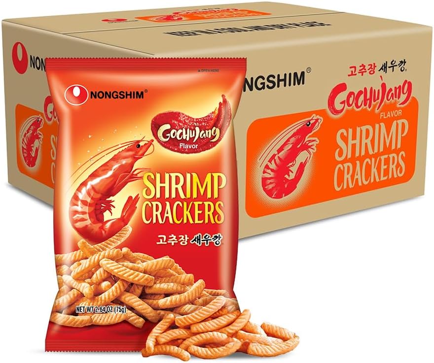 Nongshim Shrimp Crackers, Gochujang Flavor, Crispy Baked Korean Snack, 2.64 oz Bags (Pack of 20)