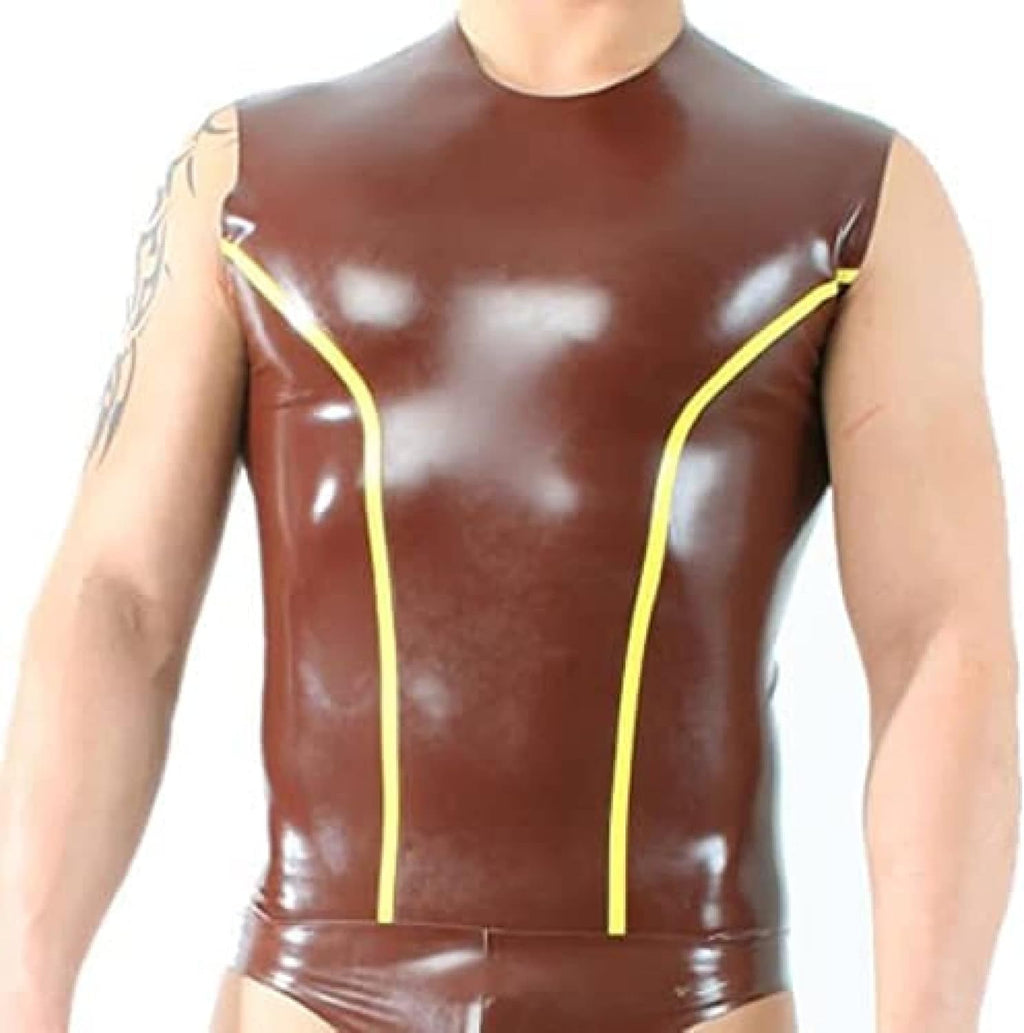 Latex Vest Shirt with Round Collar, Sleeveless Rubber Top Clothing,Blue with Yellow,L