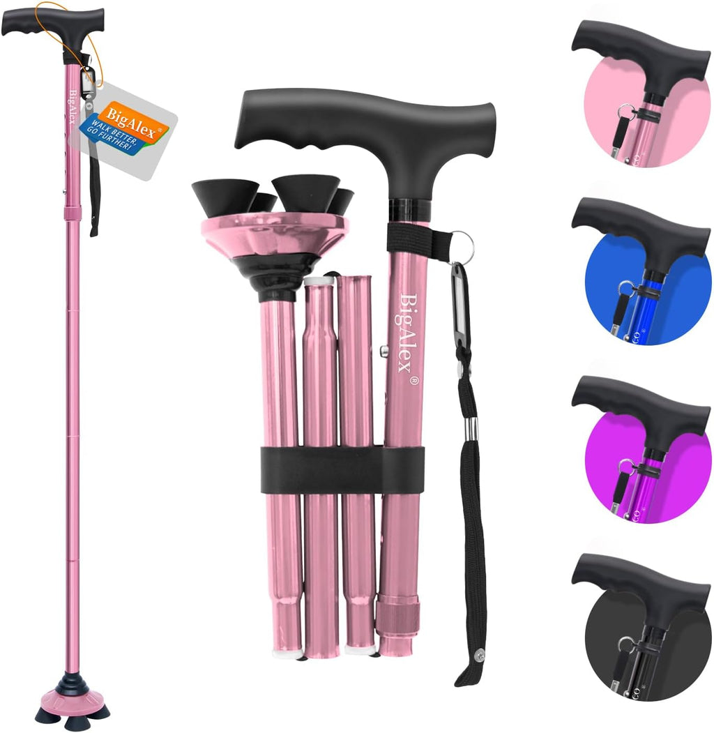 BigAlex Folding Walking Cane for Elderly Adjustable & Portable Walking Stick for Seniors,Pivoting Quad Base,Lightweight,Collapsible with Carrying Bag for Men/Woman
