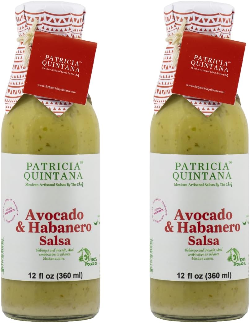 Patricia Quintana Avocado & Habanero Salsa - Authentic Artisanal Mexican Ingredients, Made with Keto Friendly Virgin Avocado Oil. Perfect topping to your tacos, burritos, enchiladas or other favorite food (12 oz, 2 Bottles)