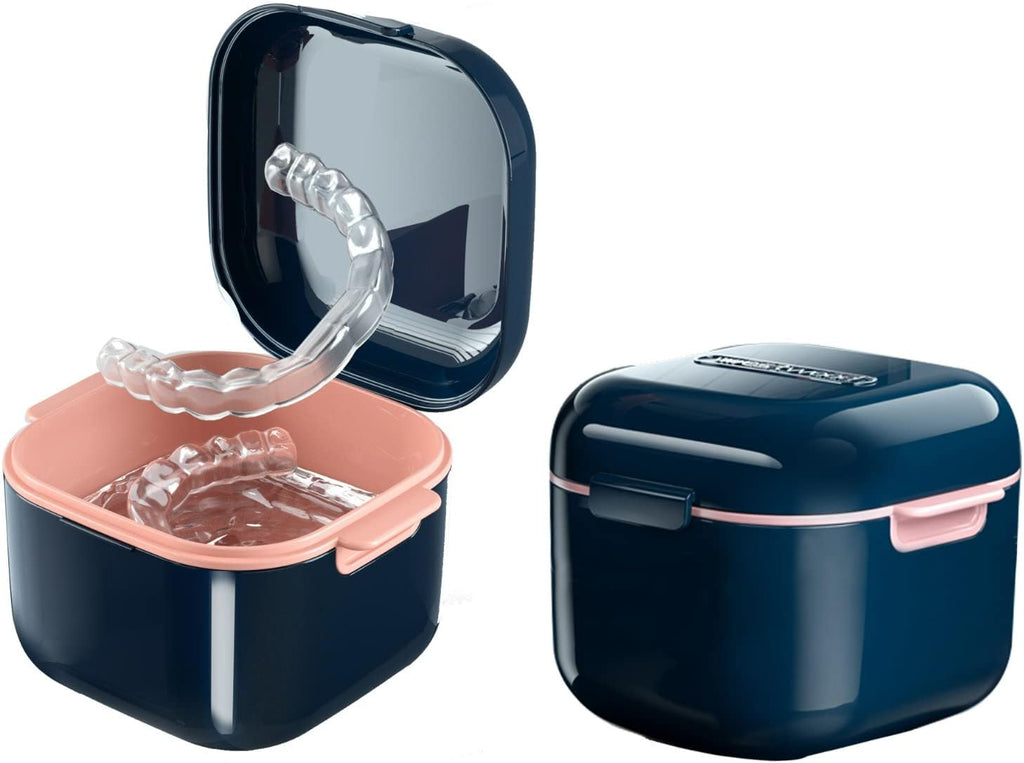Denture Cup，Retainer Case,Cute Night Mouth Guard Box Holder, Storage Soak Container with Strainer basket for Travel Cleaning (Blue)