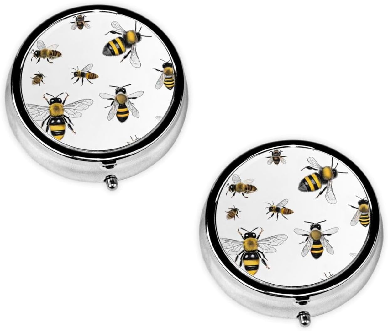 (Funny Bees) Round Pill Box,3 Compartment Pill Box Mini Decorative Pocket Purse Portable Travel Medicine Tablet Vitamin Holder Organizer Pill Case