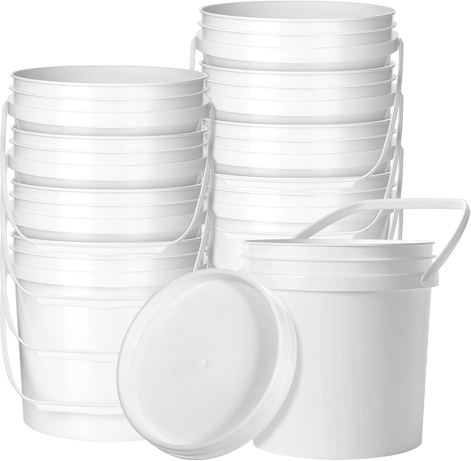 SHENLIU 10 Pack White Plastic Bucket with Handle and Lid Food Storage Bucket Containers All Purpose Pail for Multipurpose Paint Water Art Crafts Projects Garage Organization Storage Fish Water (2 Qt)
