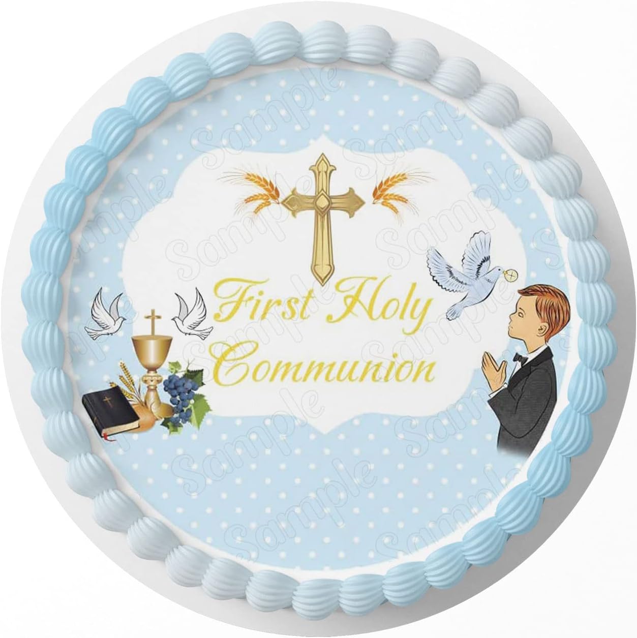 First Holly Communion Boy Edible Cake Image Topper Birthday Sheet Party Decoration Print Round