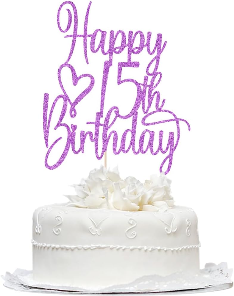 Purple Glitter Happy 15th Birthday Cake Topper - Cheers to 15 Years Cake Topper, 15 & Fabulous Cake Decoration for Hello 15th Birthday Anniversary Party Cake Decorations Supplies