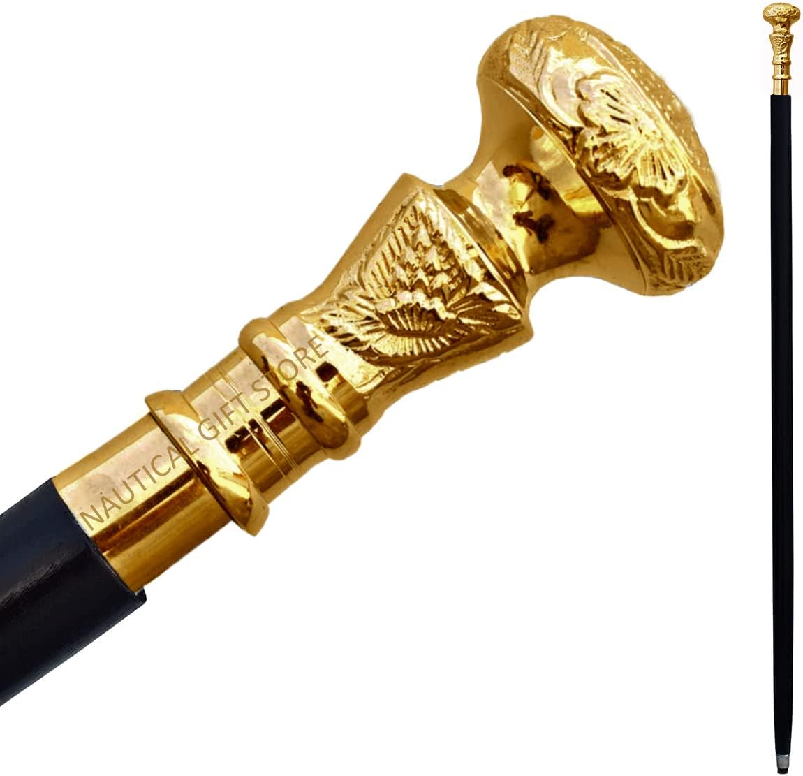 Vintage Antique Walking Cane Wooden Walking Stick Golden Brass Handle Knob Gift, Brown,Silver, 36-37 inches