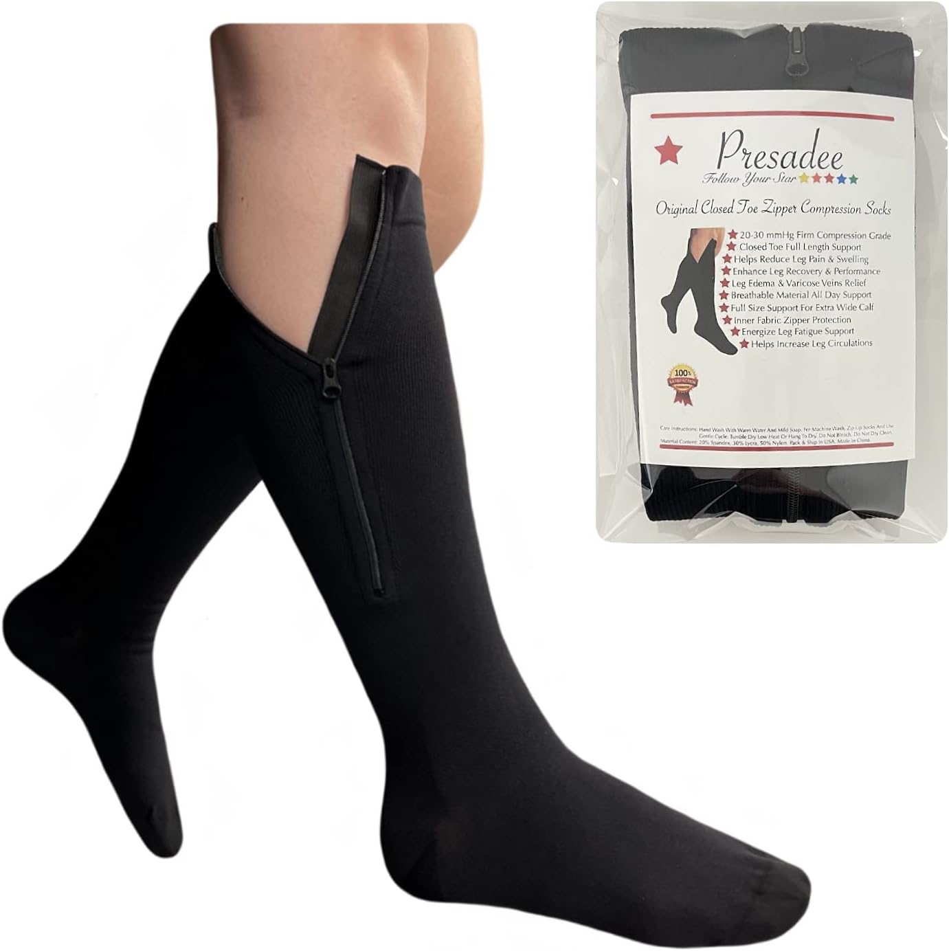Presadee Original Closed Toe 20-30 mmHg Zipper Compression Calf Leg Socks